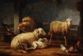 Schaf und Huhn im Stall